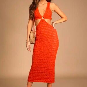 Lulu's Beachside Bliss Orange Knit Cutout Sleeveless Midi Dress